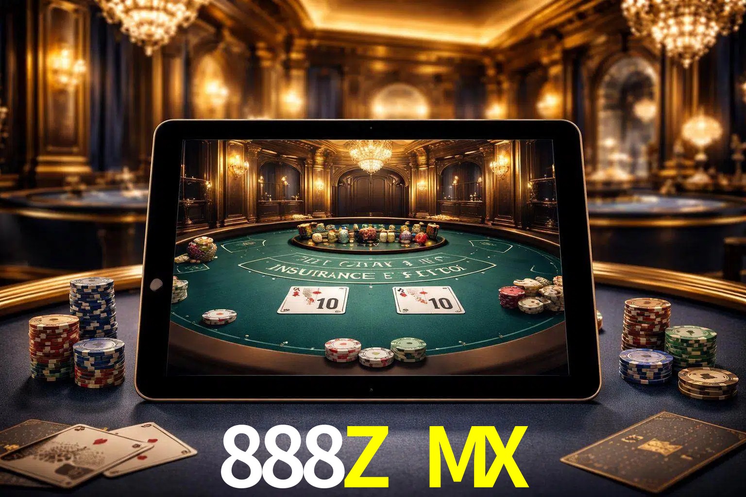 Configuración moderna de casino en vivo con una tableta mostrando una mesa de blackjack, luces cálidas de estudio y una atmósfera elegante de juegos digitales.