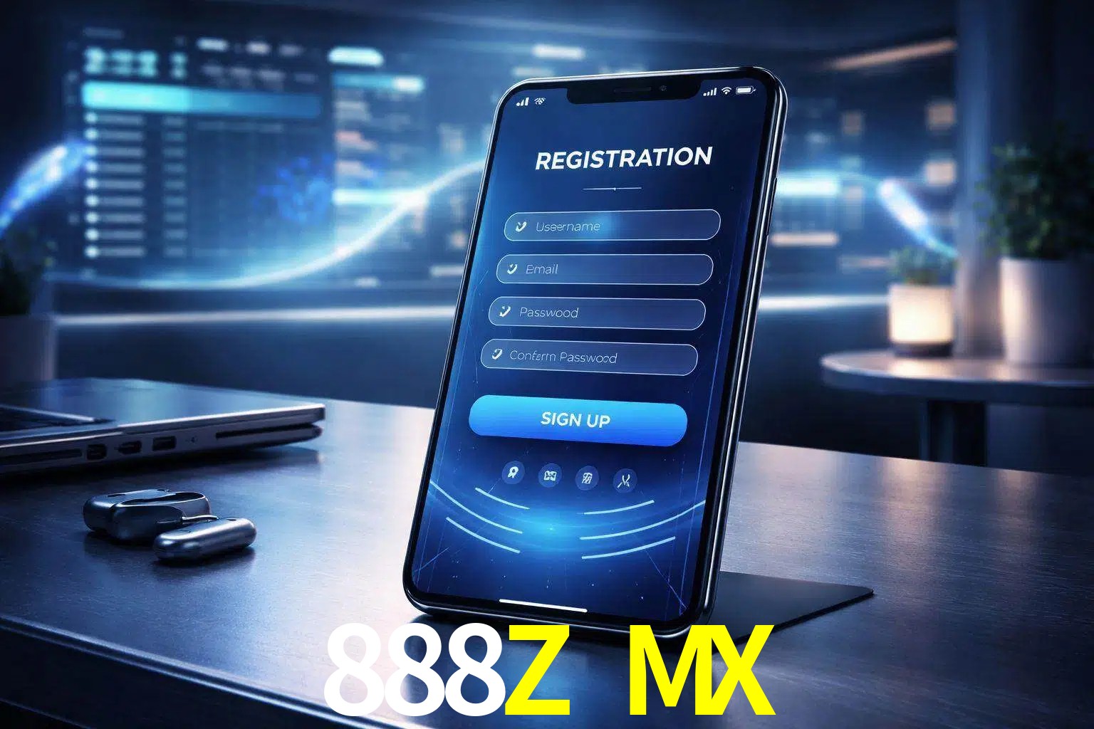 Una interfaz moderna de registro móvil para 888Z MX mostrada en un smartphone con un panel de apuestas elegante.